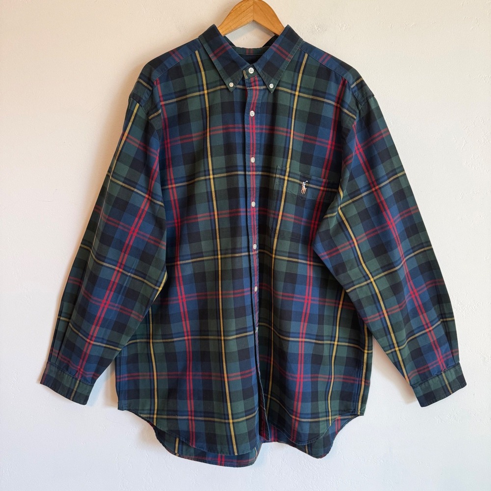 Polo Ralph Lauren Plaid Button Down Shirt Green Tartan Preppy Academia 2XB